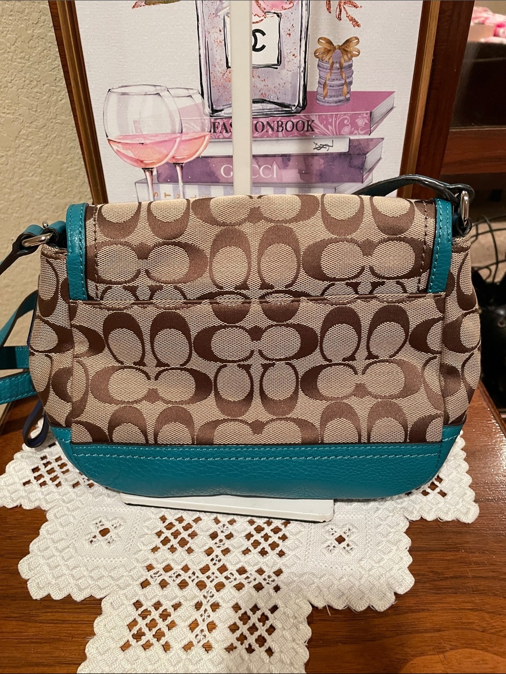 Coach Brown Signature Crossbody with Teal Trim - Picture 3 of 7